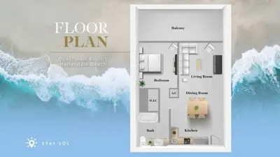 a flyer of a floor plan of a house at Tropical Apartment with Balcony - Pool - Up To 4 - Gym in Hallandale Beach
