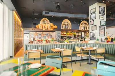 a restaurant with tables and chairs and a counter at 1 BR at Fort Lauderdale in Fort Lauderdale