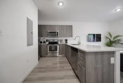a kitchen with stainless steel appliances and wooden cabinets at Amazing Townhouse 15 minutes from the Beach in Miami