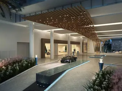 a car parked in a lobby with a car parked under a bridge at Studio Suite at Fort Lauderdale in Fort Lauderdale