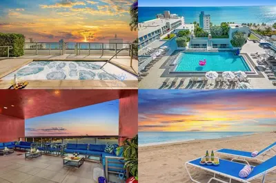 a collage of photos of a resort with a pool at Perfect Relax - Rooftop Pool - Gym - Hot Tub in Hollywood