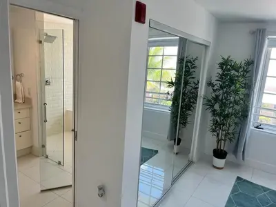 a bathroom with a shower and two potted plants at Direct Ocean View - Luxurious condo in South Beach in Miami Beach