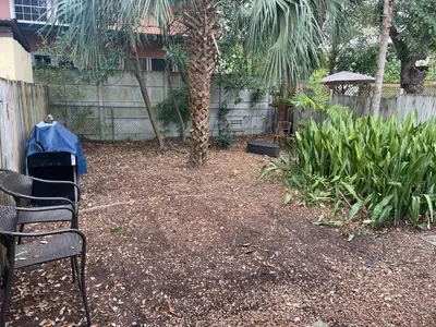 a yard with two chairs and a tree and a fence at Key West Style Historic Home in Coconut Grove Florida, The Blue House in Miami