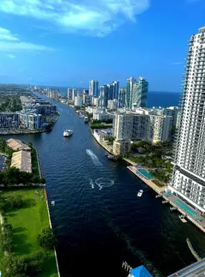a view of a river in a city with buildings at Relaxing BeachWalk Getaway Studio for 4 Guests 405B in Hallandale Beach