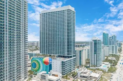 an aerial view of a city with tall buildings at Zen Vacation Rentals Ocean front 3 3 MAZAL in Hollywood
