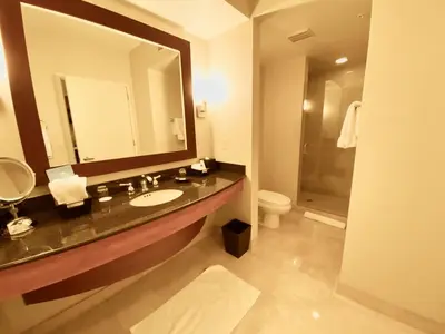 a bathroom with a sink and a mirror and a toilet at Trump International Resort by Zen Vacation Rentals in Miami Beach