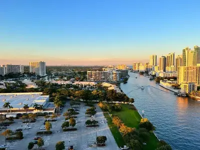 an aerial view of a city with a river and buildings at Charming Room by the Beach Pure Relaxation 2004 B in Hallandale Beach