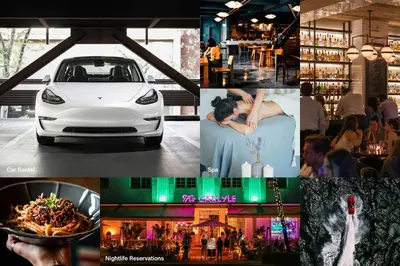 a collage of photos with a car and a restaurant at Beach Bae -Deco Studio Steps from the Ocean in Miami Beach