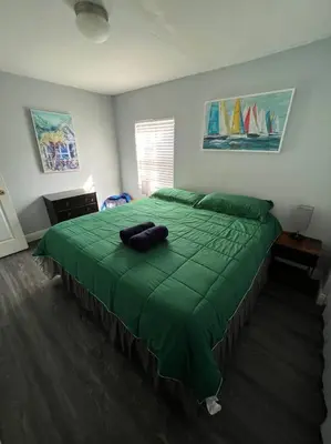 a bedroom with a bed with a green comforter at “La Casita” Beautiful home in the heart of Miami ! in Miami