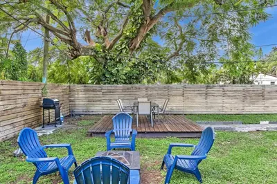 a group of blue chairs and a table in a yard at Two Bedroom Hollywood Beach Vacation Sc01 in Hollywood
