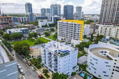 an aerial view of a city with tall buildings at Lovely Unit Mins from Wynwood with Free Parking in Miami