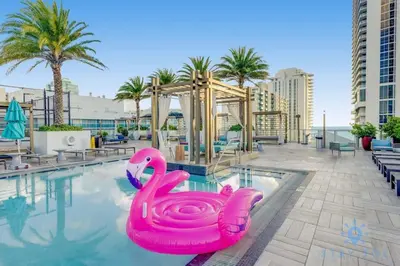 a pink swan in a pool at a hotel at HighFloor with Stunning Views, Pools, Near Beach in Hollywood