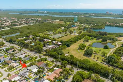 an aerial view of a park next to a body of water at Hollys Hacienda with Heated Pool and Patio Area in Hollywood