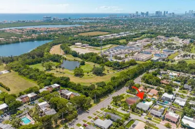 an aerial view of a park next to a body of water at Hollys Hacienda with Heated Pool and Patio Area in Hollywood