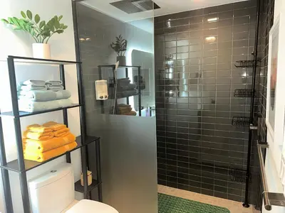 a bathroom with a toilet and a shower with black tiles at Exceptional Studio with King Bed and Queen Sofa-bed in Miami