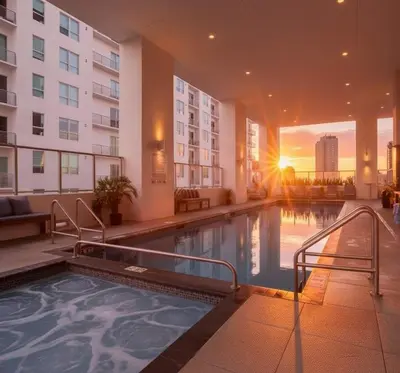 a swimming pool in a hotel with a building at Sky-High oasis heated Pool & Gym Miami Skyline Vista in Miami