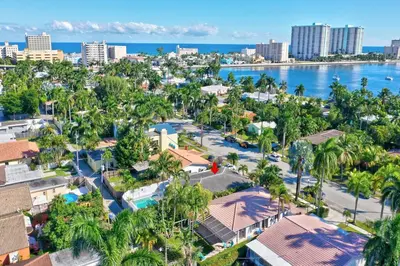 an aerial view of the city and the ocean at Walk to Hollywood Beach Luxury 4BR Villa in Hollywood