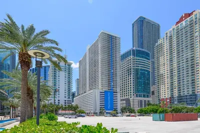 a city skyline with tall buildings and a palm tree at Centric 40thFloor Brickell Condo FREE parking by Palermo Home Miami in Miami