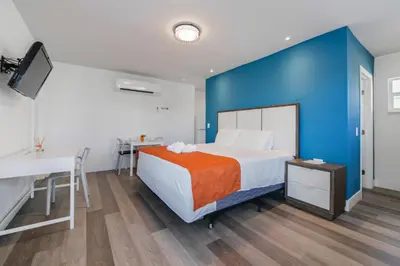 a bedroom with a bed and a blue wall at Wonderful Studio with pool and parking at the beach! M31 in Hollywood