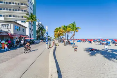a beach with people and palm trees and people riding a bike at Amazing unit with pool & parking at the beach - M35 in Hollywood