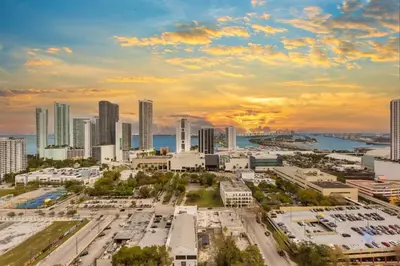 an aerial view of a city with tall buildings at Modern Miami Gem - City View Condo - Free Parking in Miami