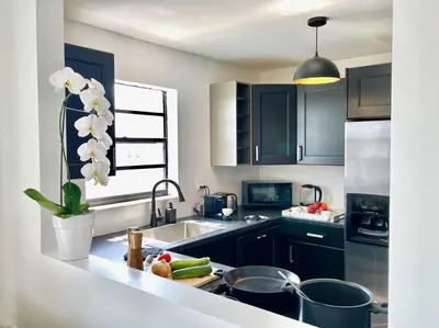a kitchen with black cabinets and a sink at Large 1 bedroom apartment with free private parking in Miami Beach