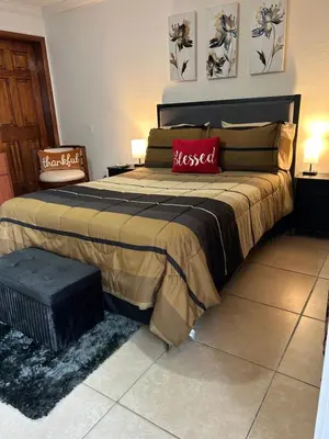 a bedroom with a large bed with red pillows at Paradise in Miami