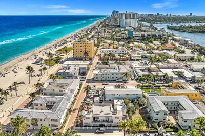 an aerial view of a beach and buildings at Hollywood by the Sea in Hollywood