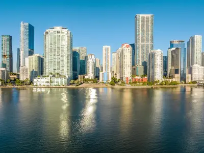 a view of a city from the water with buildings at Brickell Apt with Bay Views, Pool, Free Parking in Miami