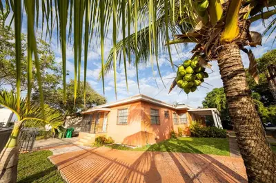 a palm tree in front of a house at Modern 3-Bedroom in the Heart of Wynwood Art District in Miami