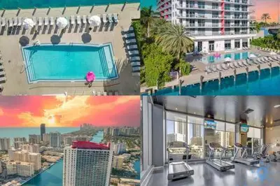 a collage of four pictures of a building with a pool at Apartment with Balcony, Gym, Pool in Hallandale Beach