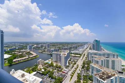 an aerial view of a city with a river and buildings at Iconic Ocean View - in this Stunning Condo in Hollywood