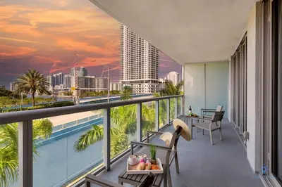 a balcony with a view of the city at Modern Resort with Balcony - Pool - Gym in Hallandale Beach