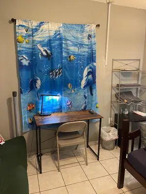 a room with a table and a curtain with fish at Best Value inside City Miami, Near Airport, Beach, Center & Metro in Miami
